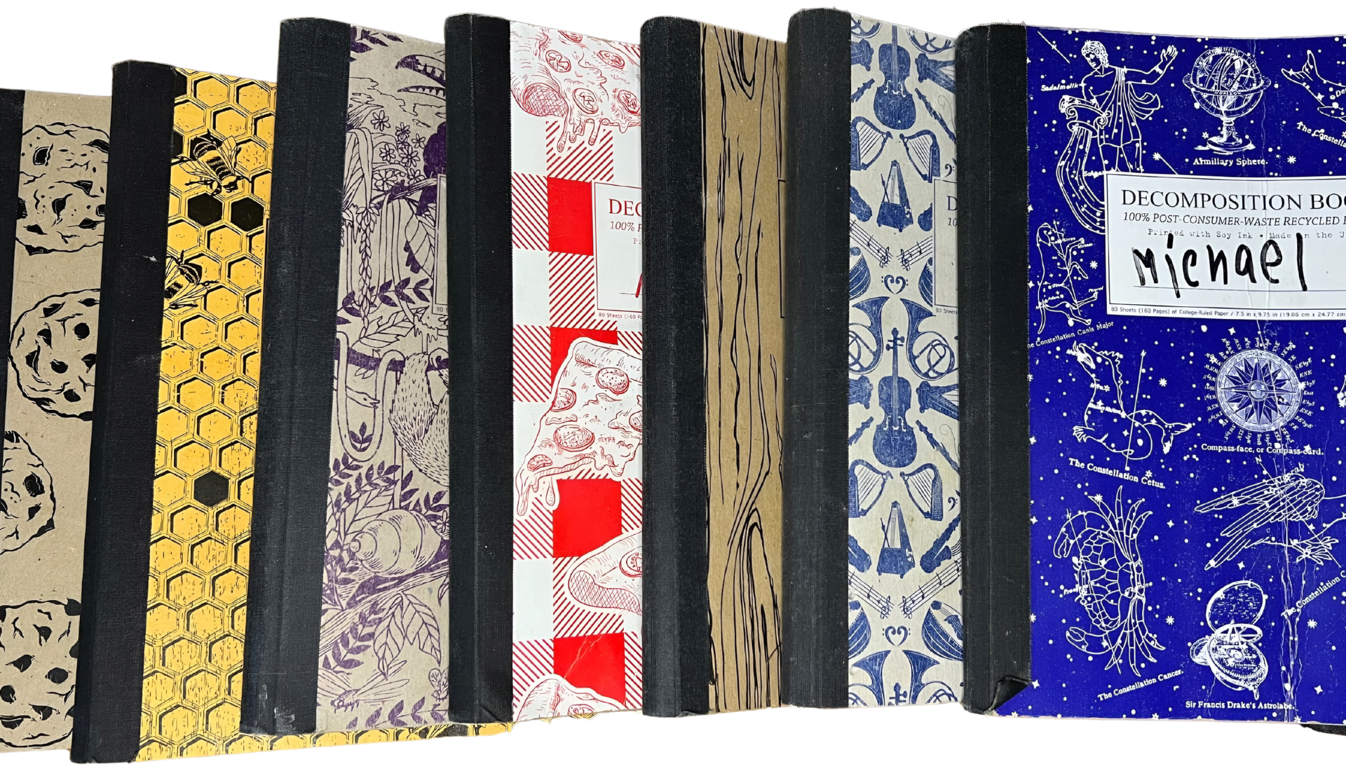 Journals Spread out across the table.