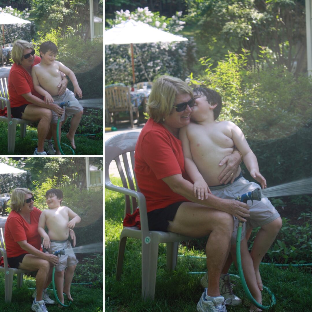 Three photos of Mimi and Michael laughing hysterically while playing with the hose in the backyard.