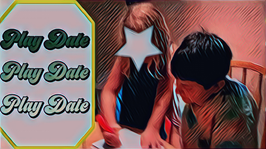 Play Date, Play Date, Play Date, a stylized photo of H coloring and Mikey looking on.