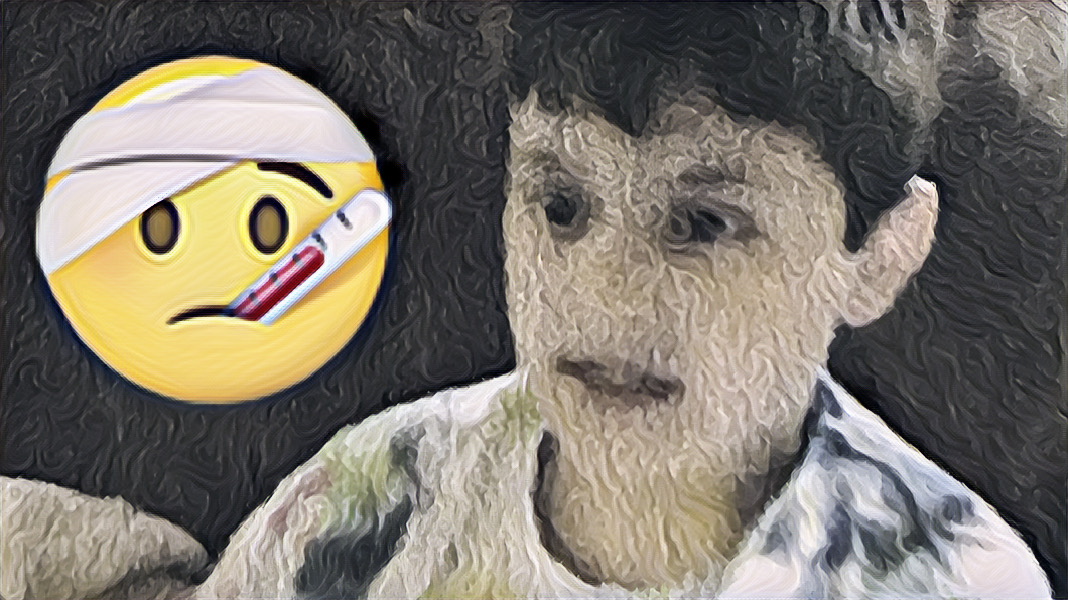 a stylized close up of Mikey, clearly not feeling well, with a sad face emoji with a bandage and a thermometer