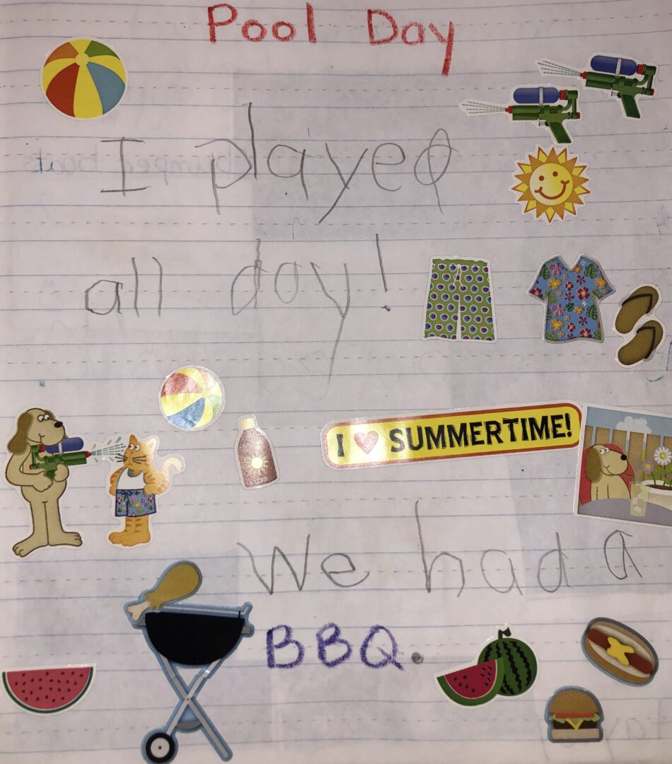 Mikey's journal entry from August 21, 2013 stickers with summer themed items and the words, "I played all day. We had a BBQ."