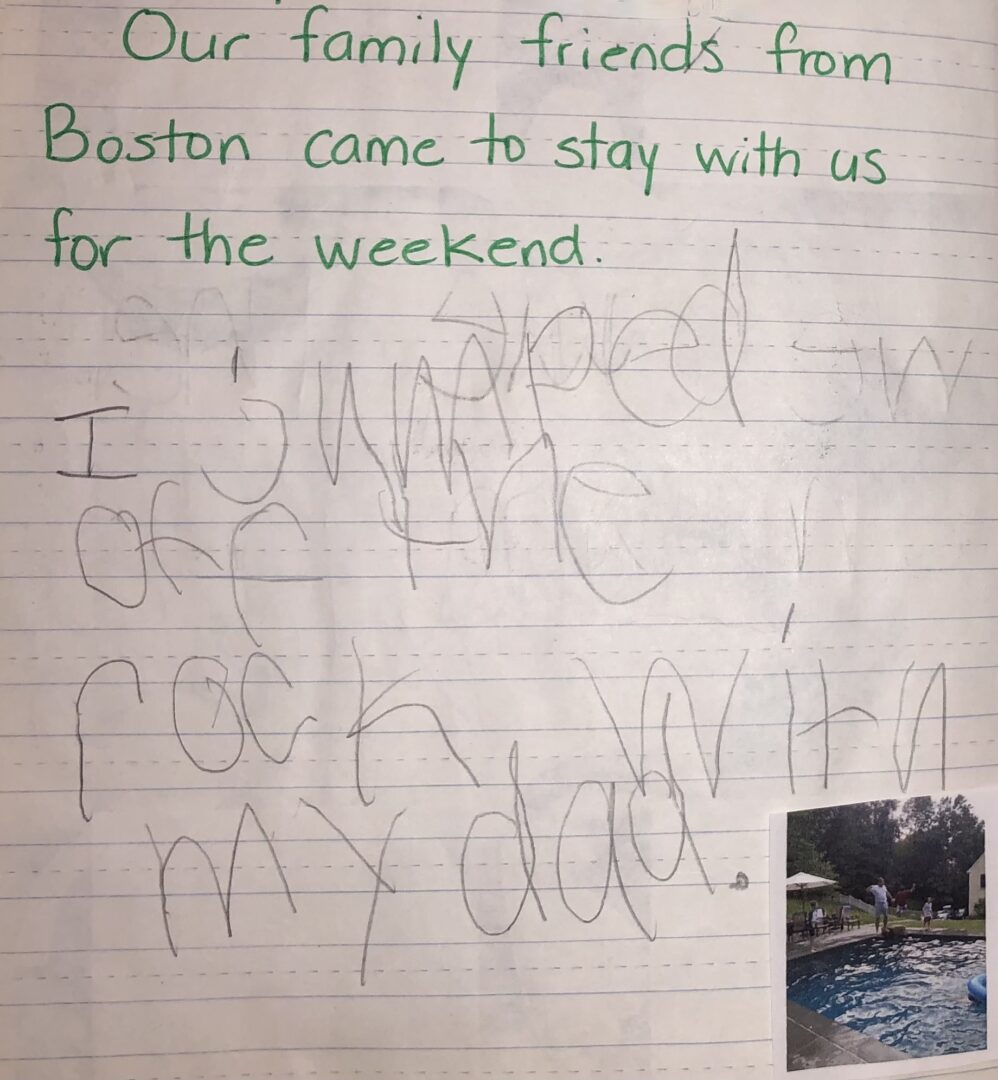 Michael's journal entry for August 19, 2013. 'Our family friends from Boston came to stay with us for the weekend' in mom's handwriting. 'I jumped off the rock with my dad.' in Michael's handwriting and a small photo of the pool deep end with the jumping rock.