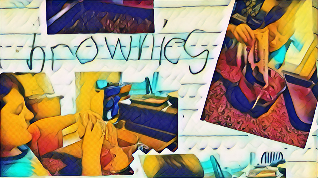 brownies, photos of Michael pouring ingredients into the bowl.