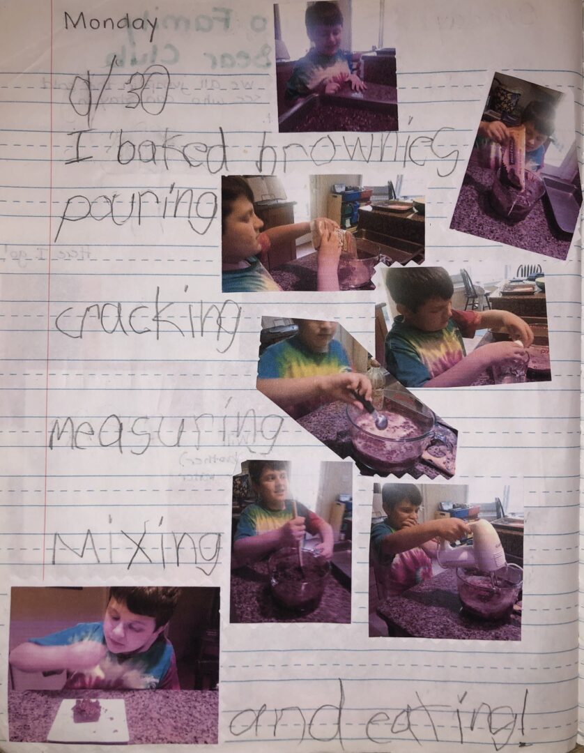 Mikey's journal entry for 9/30/13. I baked brownies. photos of mikey doing all the steps to delicious brownies.