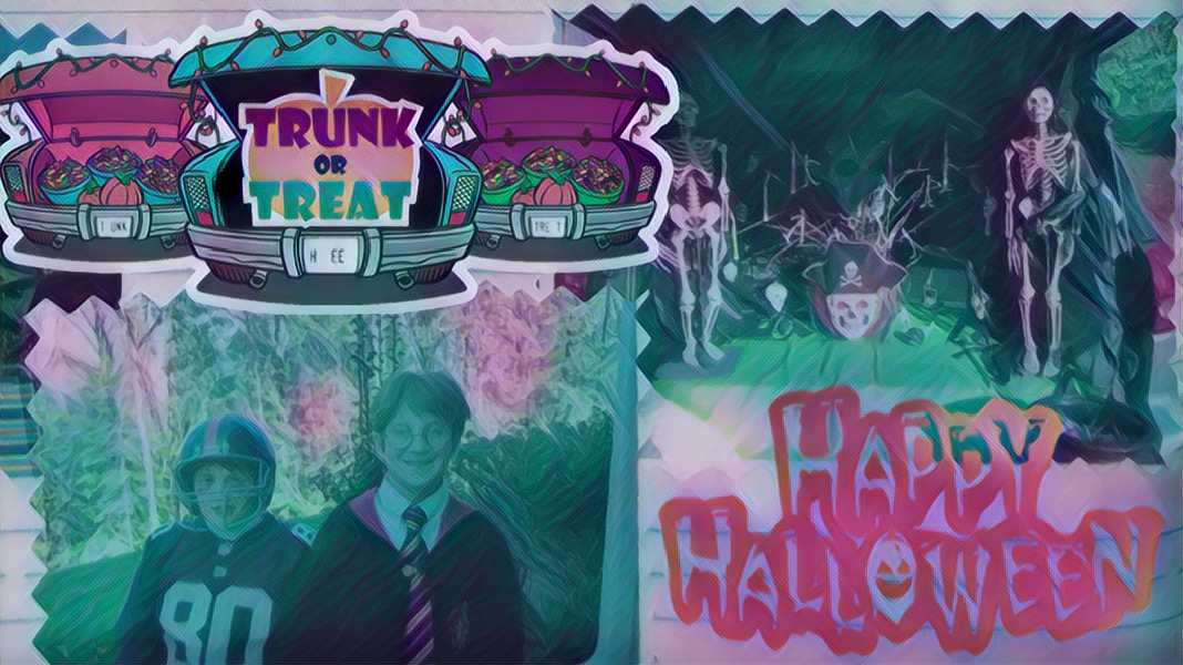 The trunk of our car decorated with skeletons, Will and Mikey dressed as Harry Potter and a football player