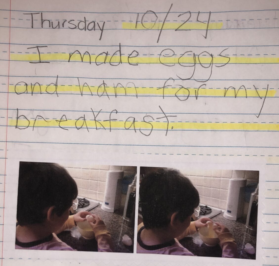 Mikey's journal entry for 10/24/13. I made eggs and ham for my breakfast. Two photos of Michael cracking eggs.