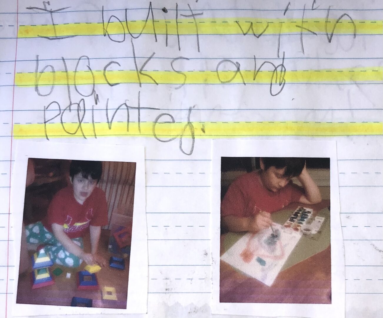 Mikey's journal entry from November 8, 2013. I built with blocks and painted. Photos of Mikey doing those activities.
