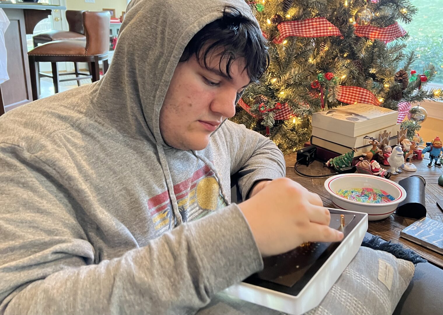Mikey playing lite write, sitting on the couch.