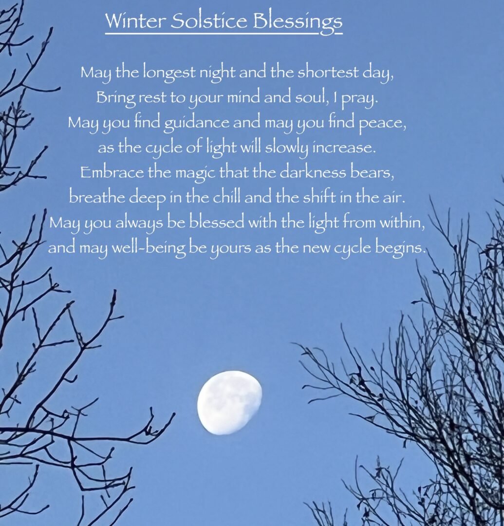 Text on top of a photo of the sky, bare winter branches and the moon