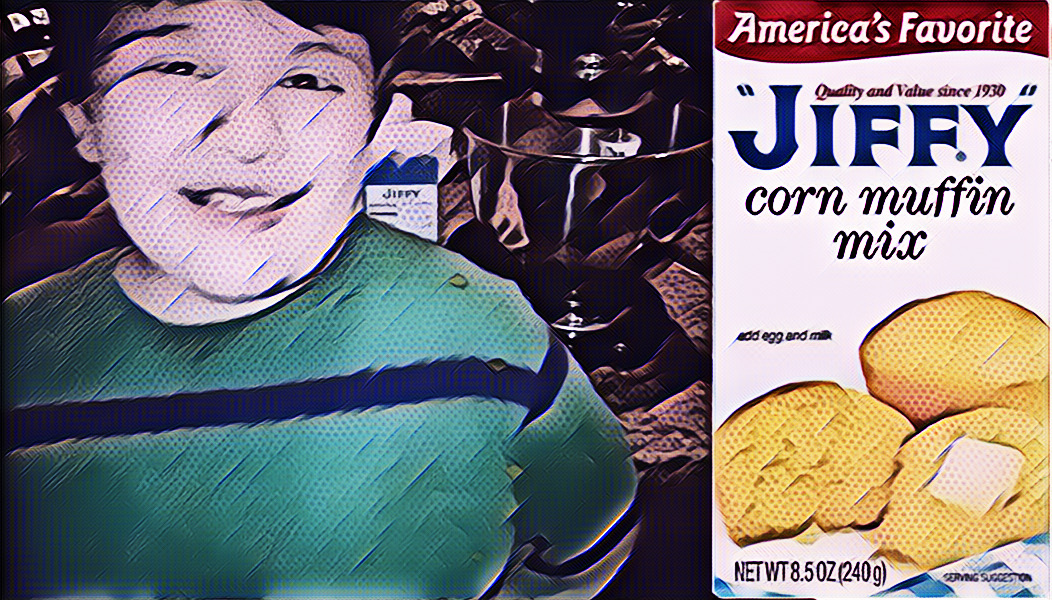 a box of Jiffy corn muffin mix and a smiling Mikey with the mixer in the background.
