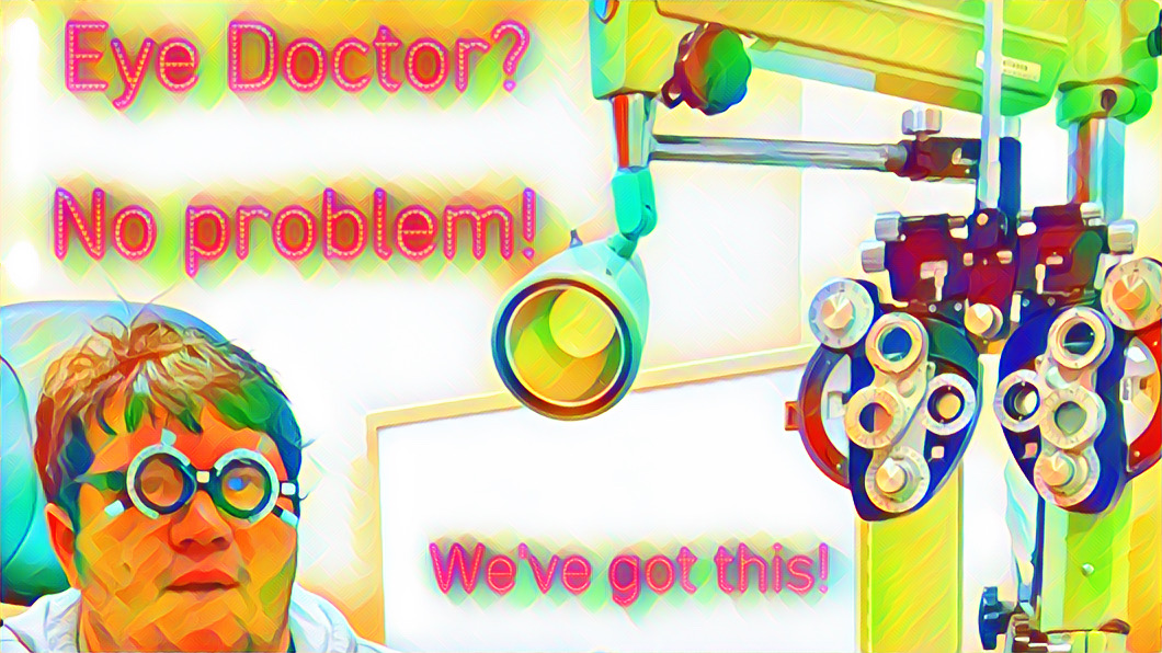 Stylized photo of Michael in the eye doctor's chair wearing glasses and surrounded by medical equipment
