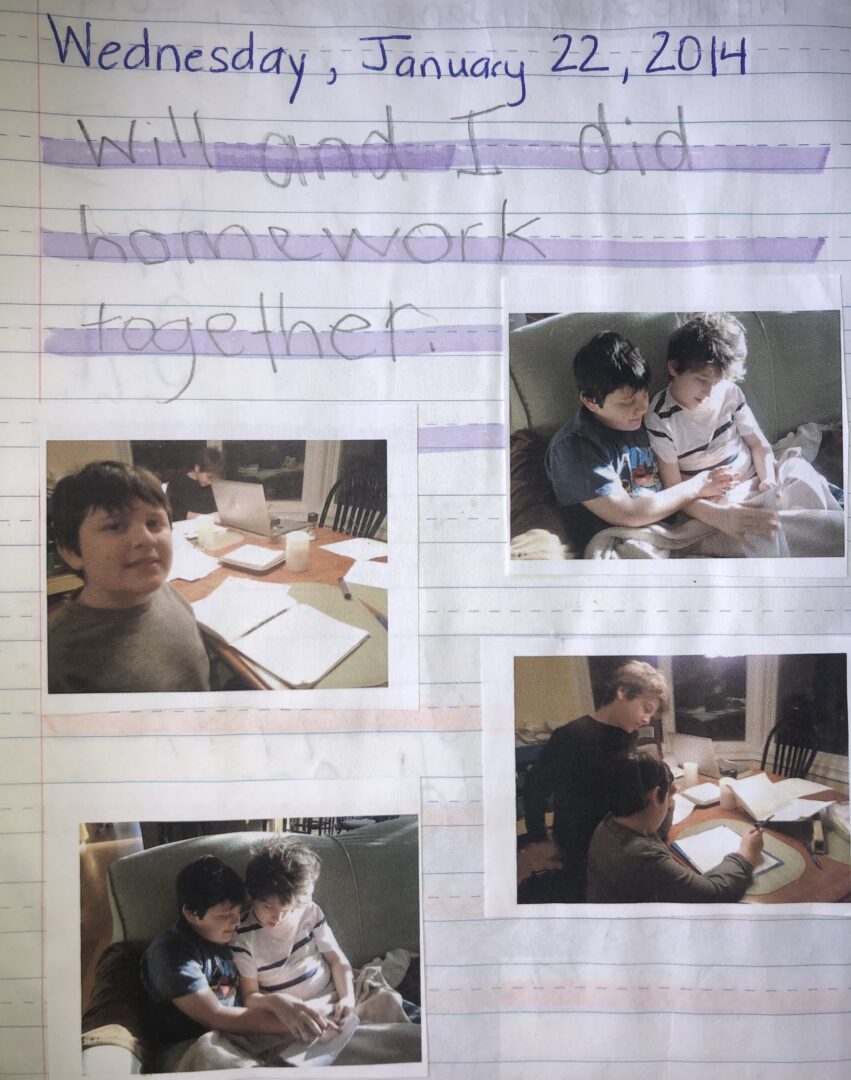 Mikey's journal entry from January 22, 2014. 'Will and I did homework together.' Photos of them reading on the couch and working at the kitchen table.