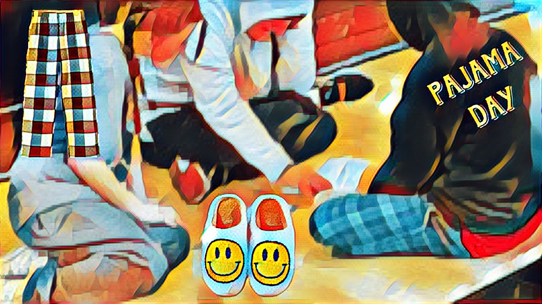 pajama pants, slippers and kids sitting around in their pajamas