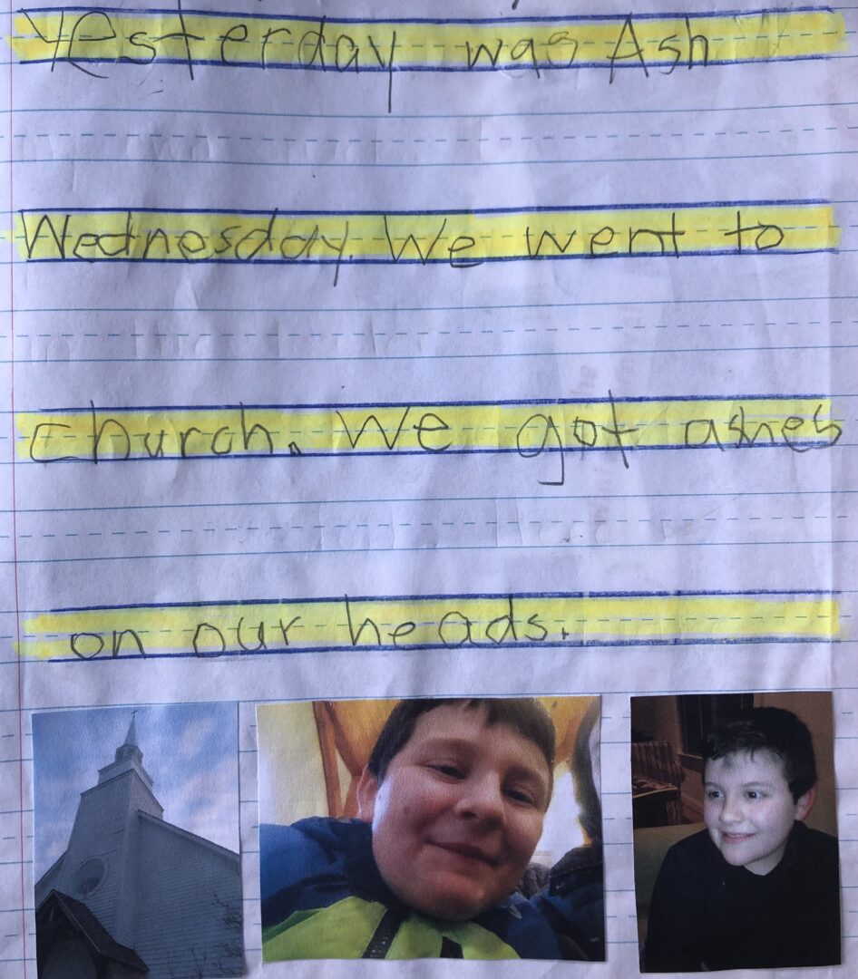 Mikey's journal entry from March 6, 2014. 'yesterday was Ash Wednesday.' We went to church. We got ashes on our heads.