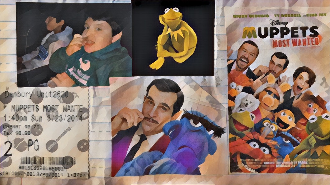 Muppets Most Wanted poster, movie ticket, Will and Mikey in their movie seats, kermit