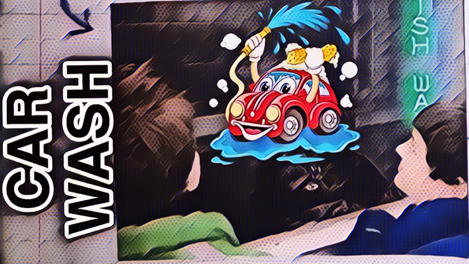 Will and Mikey watching the car go through the car wash, neon car wash sign, cartoon car being washed