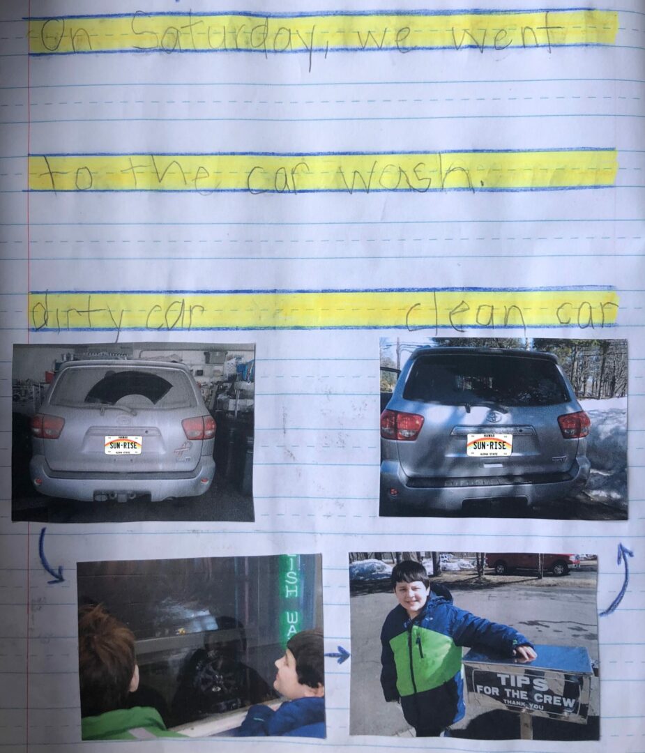 Mikey's journal entry for March 17, 2014. On Saturday, we went to the car wash. Dirty car photo, watching the car wash, giving a tip, clean car photo.