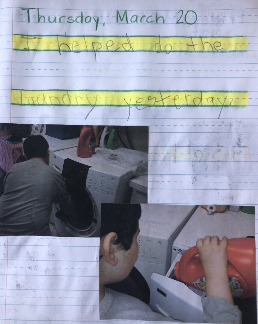 Mikey's journal entry from March 20. "I helped do the laundry yesterday." Photos of Mikey doing laundry.