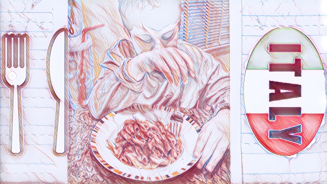 fork and knife and italy sticker, Mikey sitting at the kitchen bar, eating pasta and red sauce with his fork.