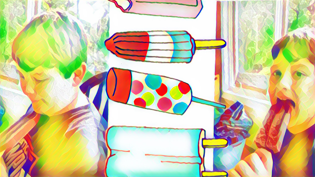 mikey eating ice pops plus cartoon ice pops that look like a strawberry shortcake pop, a rocket pop and a push-up pop.