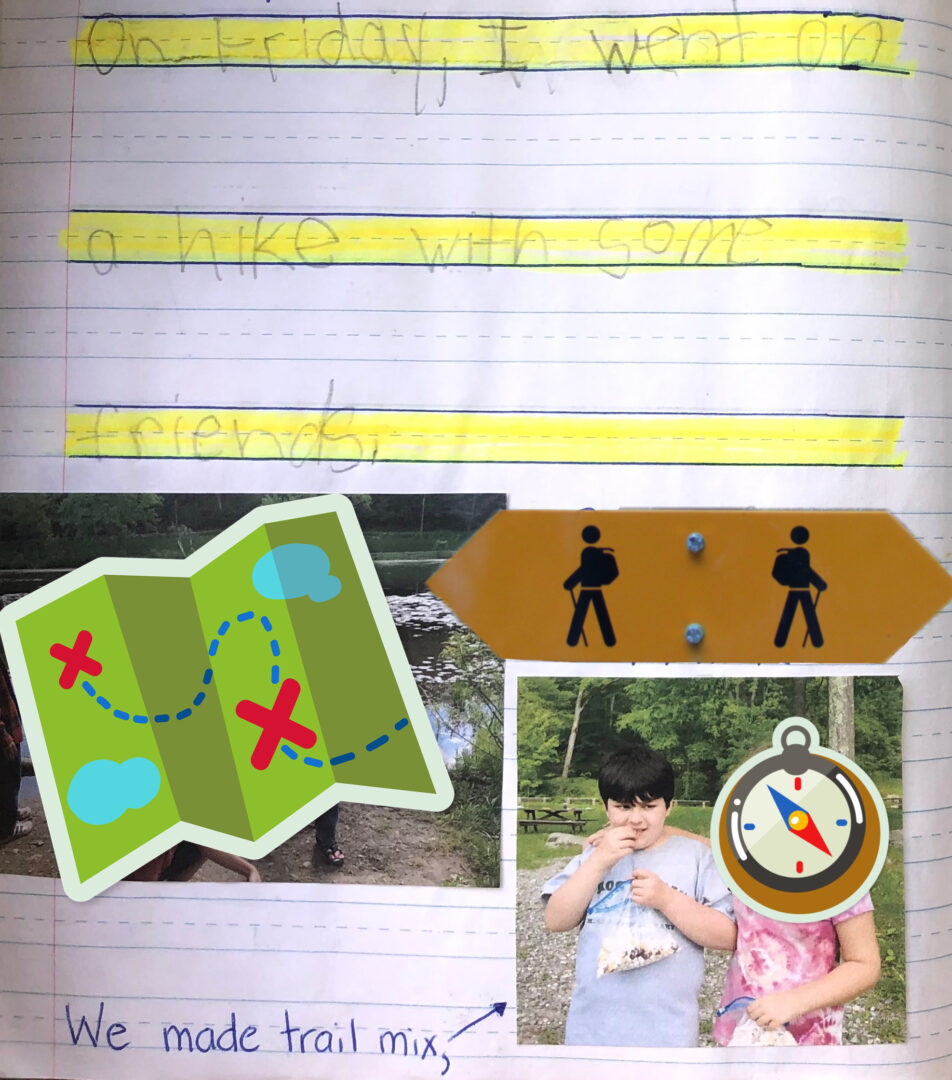 Journal entry from June 1 2014. "on Friday, I went on a hike with some friends. We made trail mix" photos of the kids by the pond (faces covered with a map) and mikey posing with a friend (face obscured by a compass)
