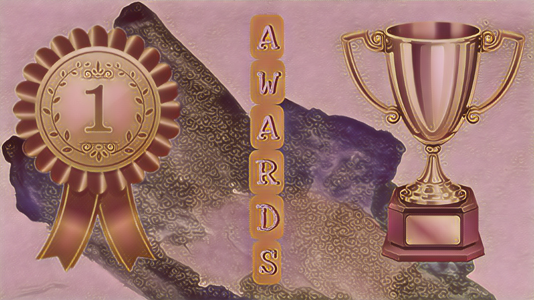 AWARDS, gold ribbon with a number one, a gold trophy