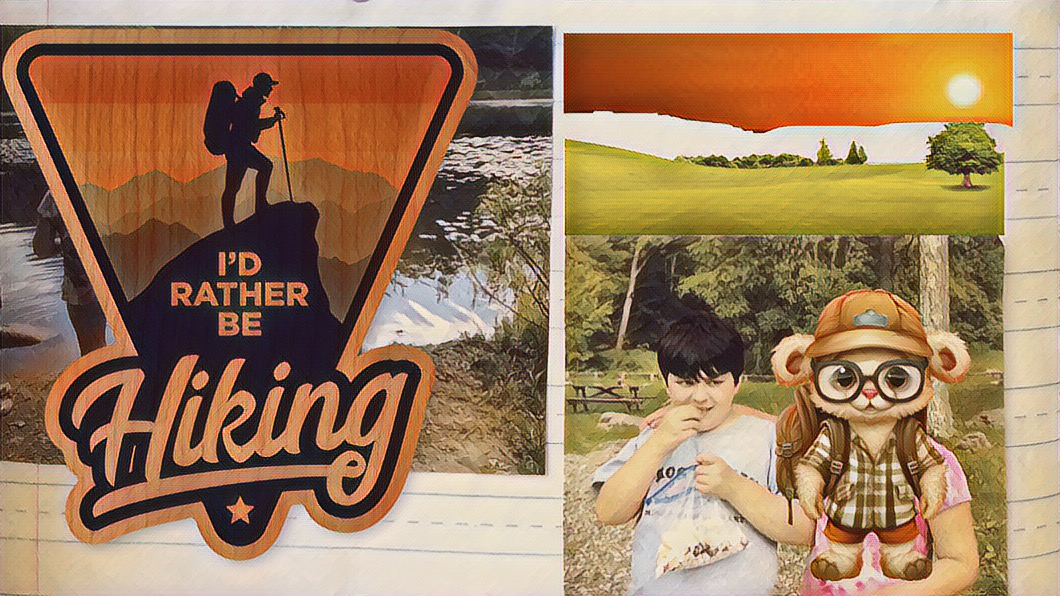 "I'd rather be hiking" sign, mikey eating some trail mix with a pal whose face is covered by a cartoon hiking bear.