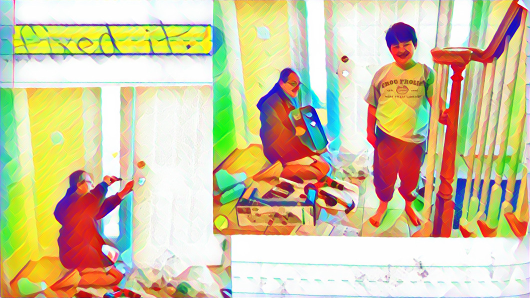title 'fixed it.' stylized photos of Mikey and Dave smiling while Dave fixed the front door lock.