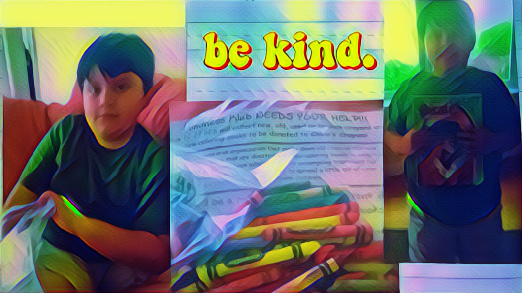 be kind. stylized photos of mikey with his crayon and coloring book donations.
