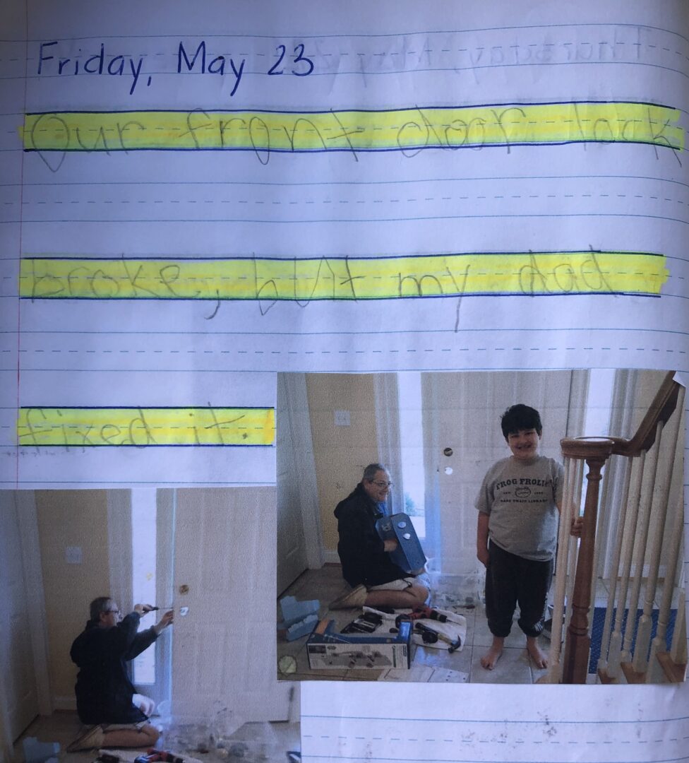 journal entry for May 23, 2014. 'Our front door lock broke, but my dad fixed it.' photos of Dave fixing the door and mikey smiling with him.
