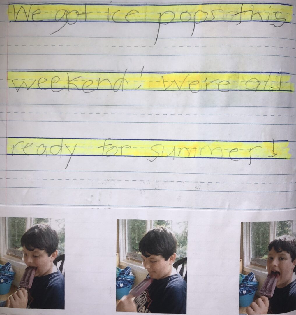 journal entry from June 11 2014 'We got ice pops this weekend! We're all ready for summer!' photos of mikey eating his purple ice pop.