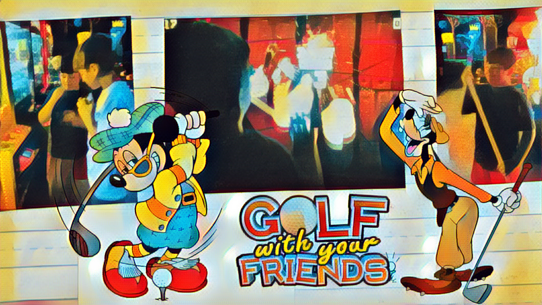 stylized photos of Will and Mikey at Monster Mini Golf with mickey and goofy golfer stickers. a Sticker title: Golf with your Friends.