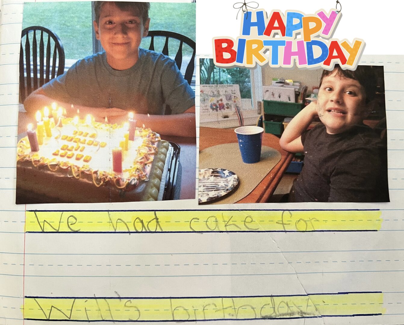 Will with his birthday cake, candles lit and Mikey with his empty plate and ice cream cake on his face.