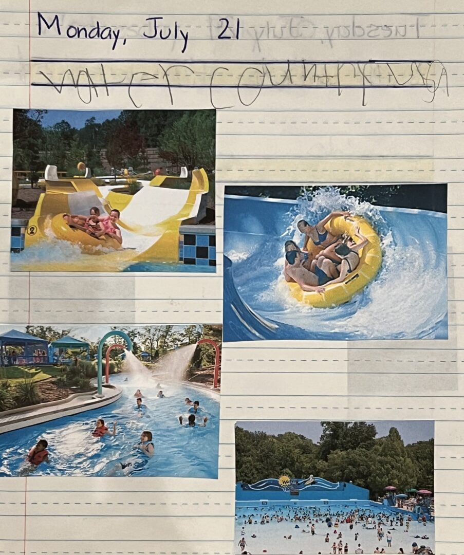 journal entry from July 21 2014. photos of the lazy river, the wave pool and two water slides.