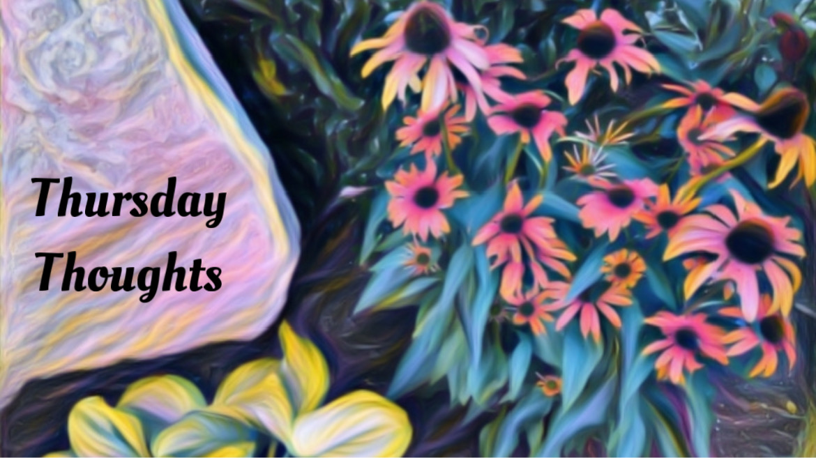 A rock and flowers with the title Thursday Thoughts.