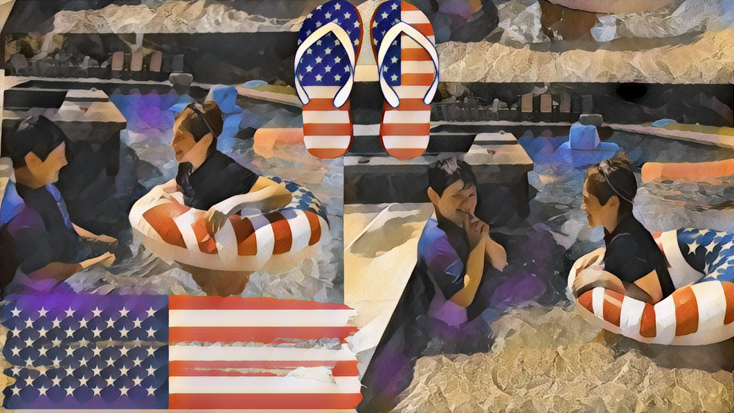 stylized photos of Will and Mikey in the pool with an American flag tube, flip flops and flag.