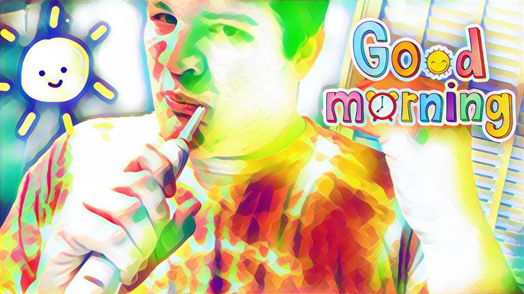 Good morning, sunshine sticker, stylized photo of Mikey brushing his teeth.