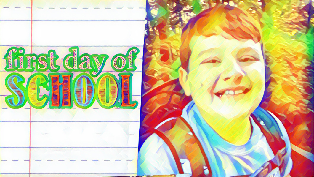 A9719163-7D35-4B39-B0C8-CB519FD64059 Title First Day of School, stylized photo of Mikey beaming with pride.