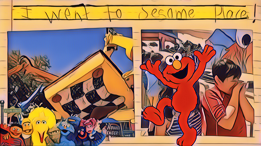 Michael's handwriting: "I went to sesame place!" Photos of the rides and Mikey posing with his bestie (face obscured by a giant Elmo sticker.