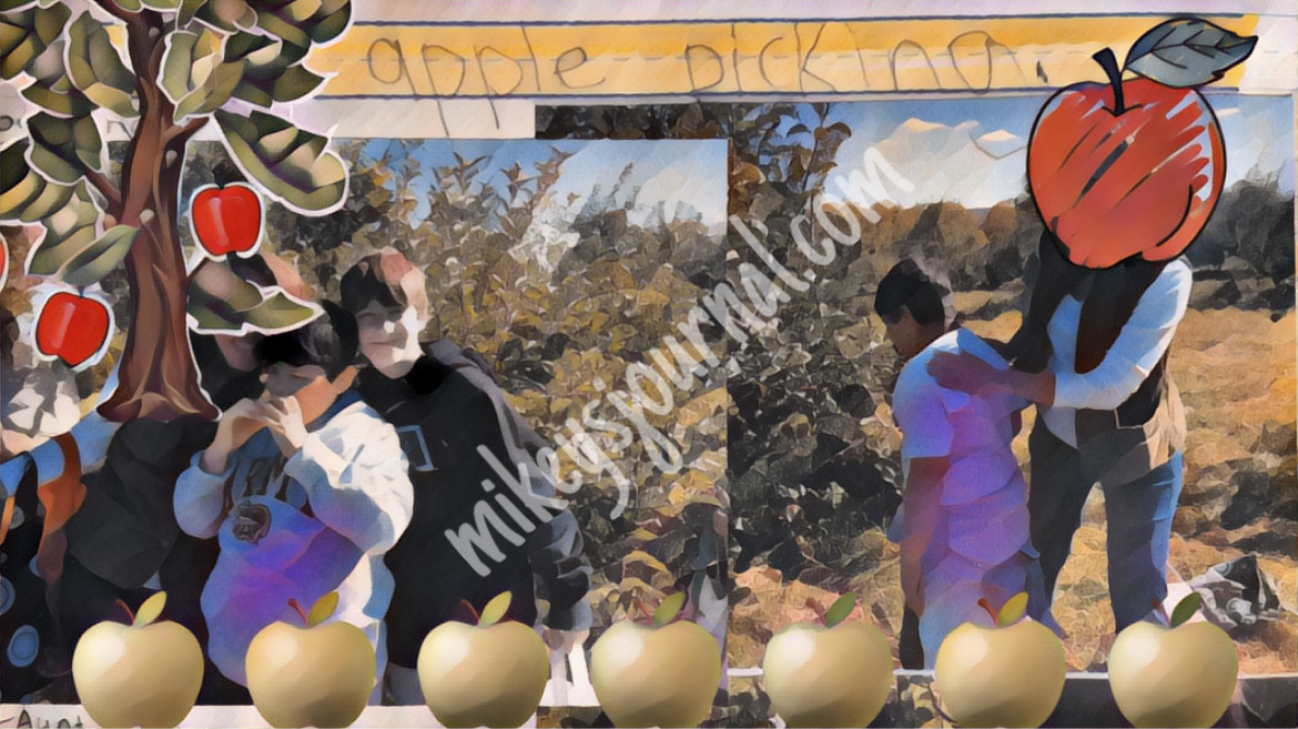 apple picking title, apple tree, cartoon apple and stylized photos of apple picking.