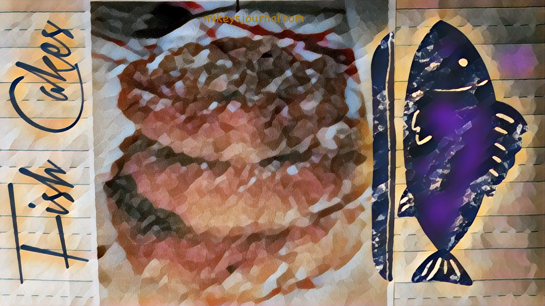 Stylized photo of the fish cakes, a blue fish stamp and the title, Fish Cakes.