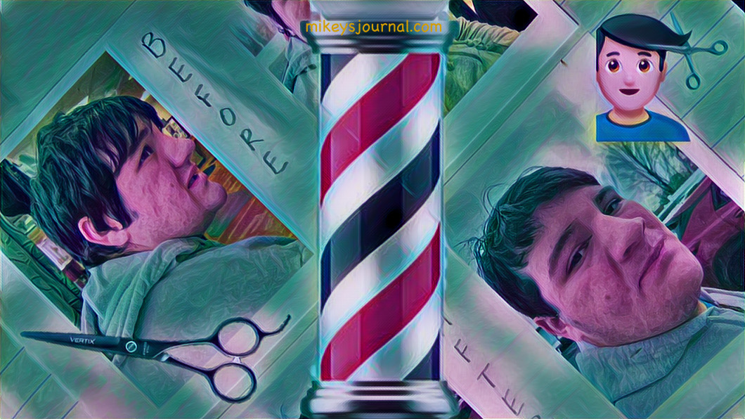 barber pole, photos of Mikey before and after his haircut, a haircut emoji and a scissors sticker.