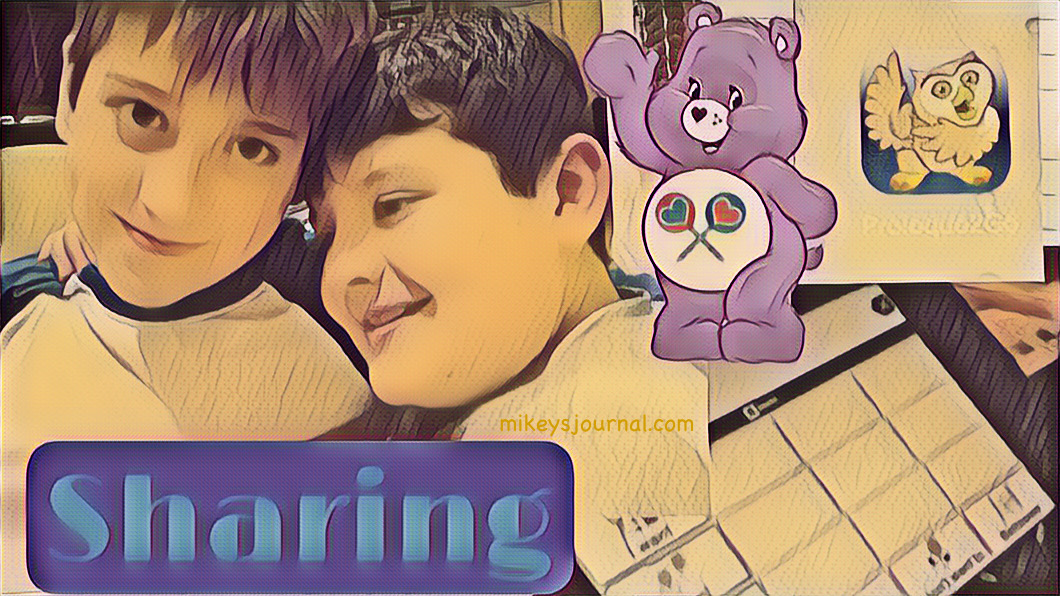 Stylized photo of Will and Mikey, Mikey's iPad screen, the proloquo2go and the care bear called Share Bear.