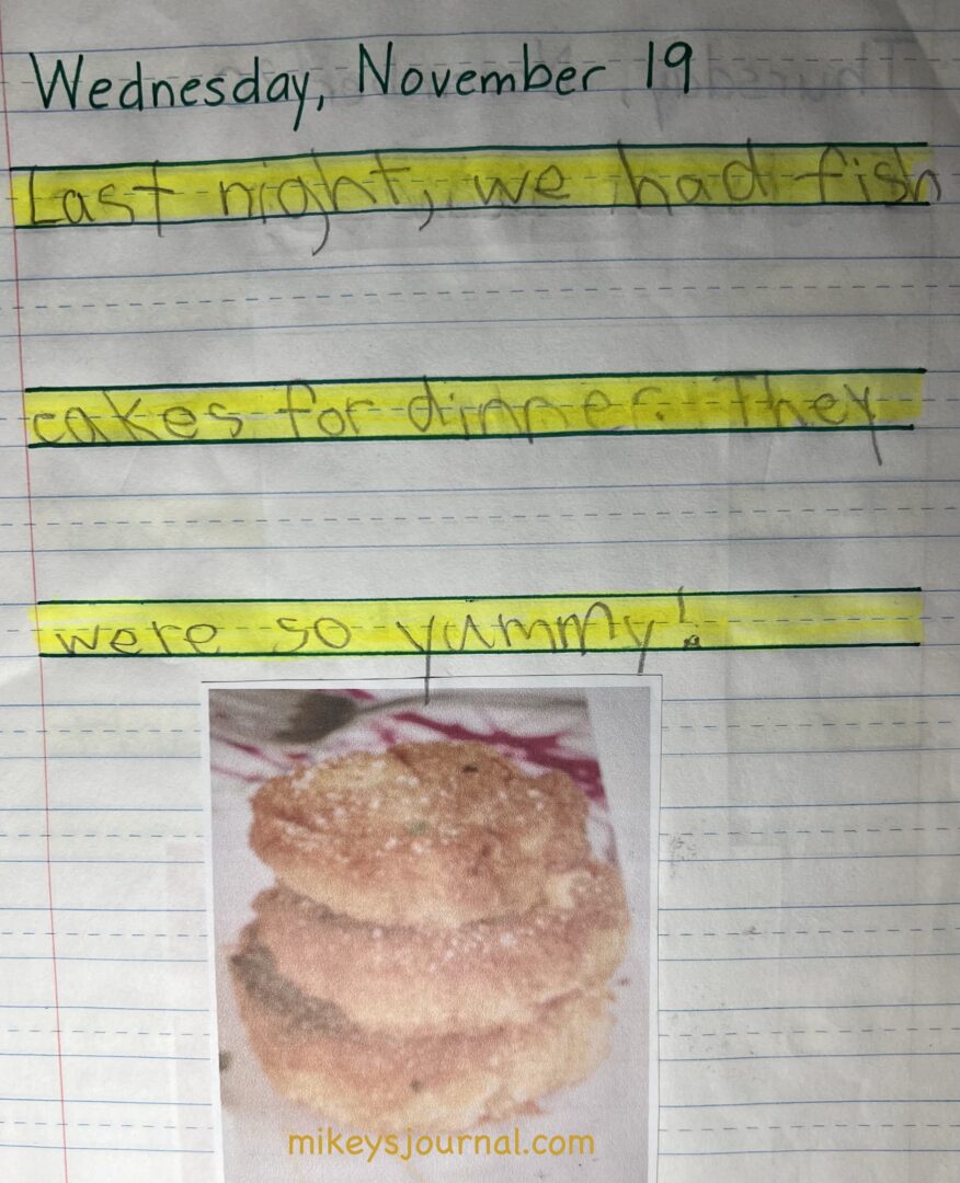 journal entry from November 19 2014. 'Last night, we had fish cakes for dinner. They were so yummy!'