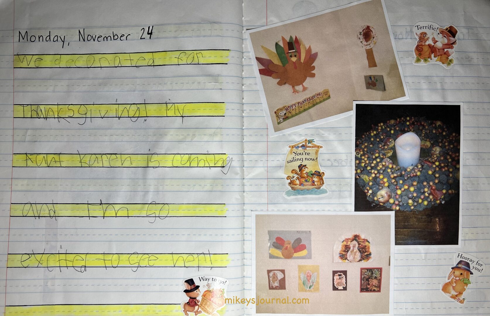 M's journal entry from November 24, 2014. "We decorated for Thanksgiving! My Aunt Karen is coming and I'm so excited to see her!" Photos of the boys' artwork up on the wall and a wreath in the middle of the table with a candle.