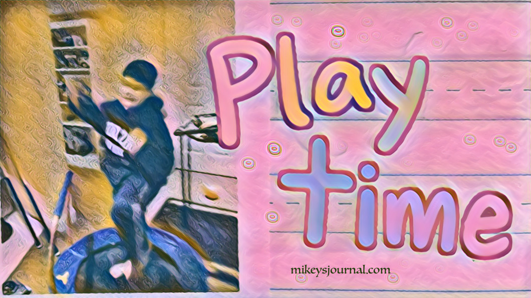 63D724E6-FF4B-44BA-8A79-232D00576B12 stylized photo of mikey jumping on the trampoline and a big bubble letter sticker reading Play time!