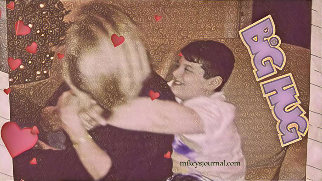 8215E5A0-B902-4C7F-817A-909FB2D93C89 stylized photo Mikey grinning while he hugs mimi from behind around her neck - they're sitting on the couch. Title Big Hug, heart stickers everywhere.
