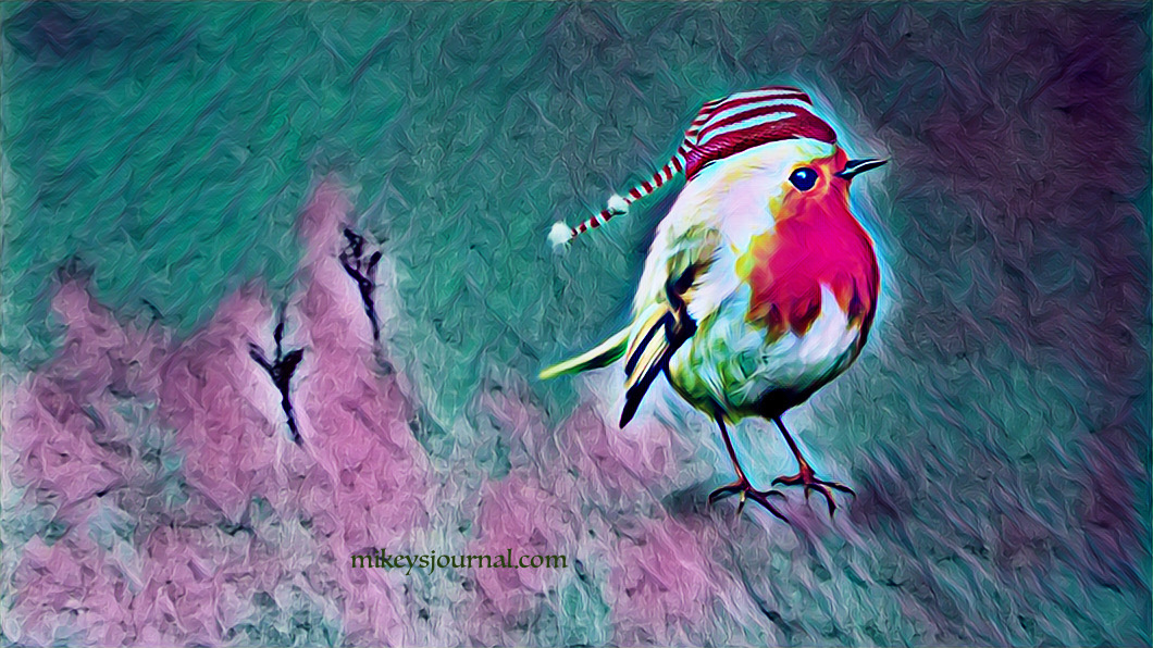 red breasted bird with white feathers and a red and white stripe winter hat, bird tracks next to it, in the snow