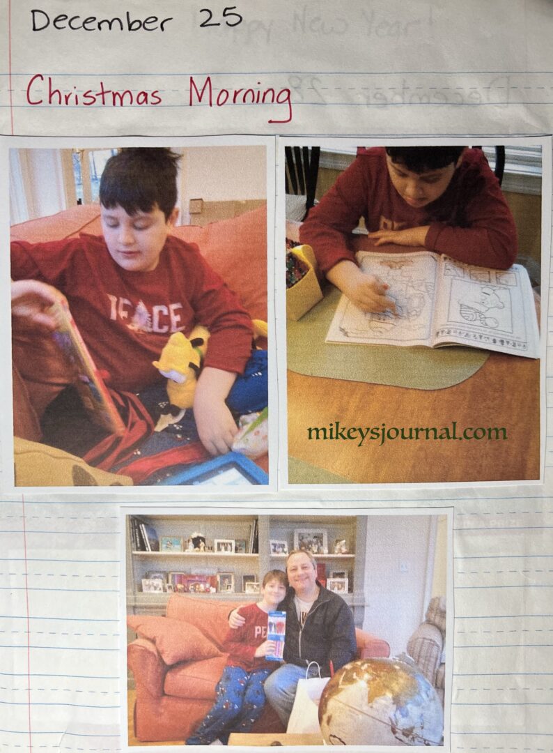 Mikey holding a gift he opened with his stuffed Pluto sitting on his lap, Dave and Will grinning over a shared gift and Mikey coloring a Rudolph the Red Nosed Reindeer coloring book.