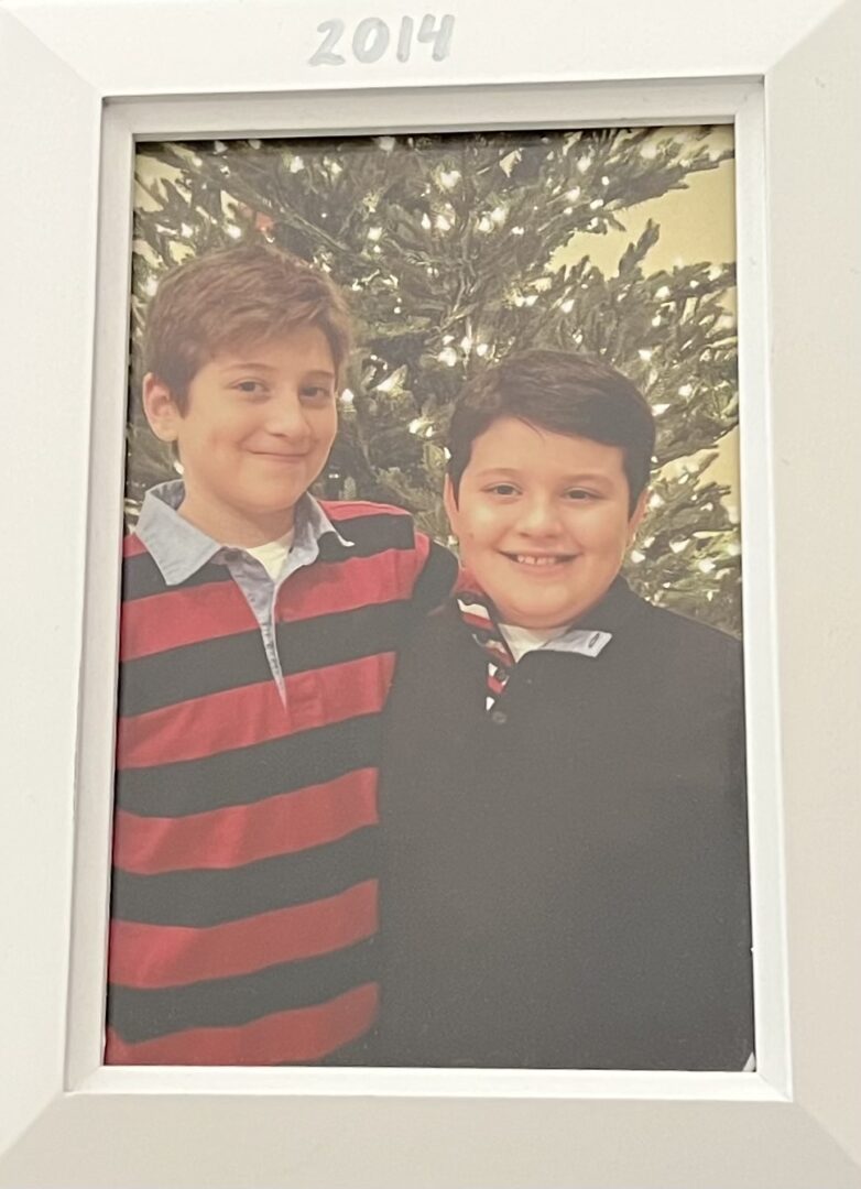 boys posing in red, white and blue shirts with the Christmas tree behind them.